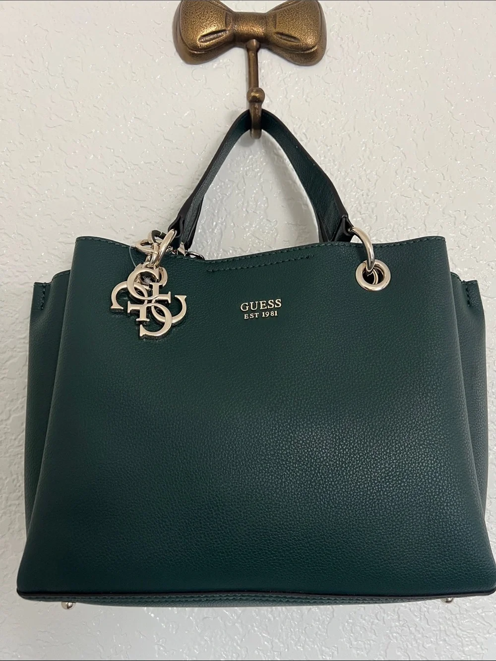 GUESS Emerald Green Faux Pebbled Leather Satchel with Silver Hardware